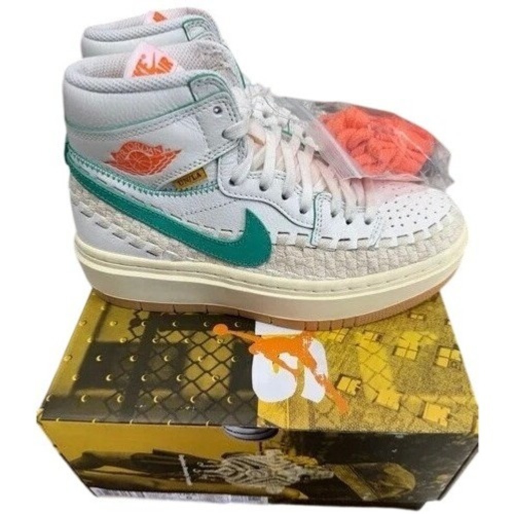 Nike Women’s White and Teal High-Top Sneakers with Orange Accents